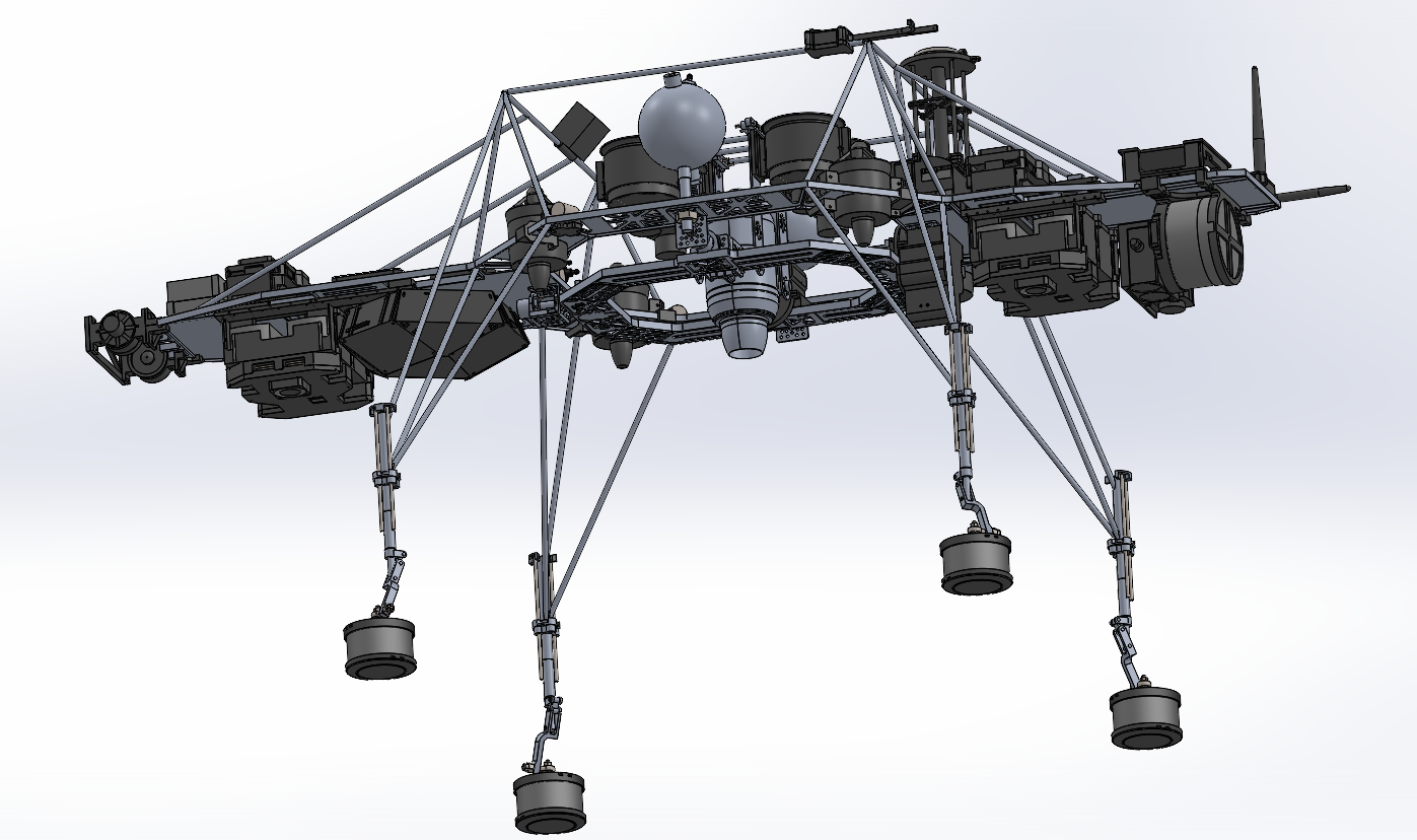 CAD model of LFED showing the central offset system, outer platform, and landing gear